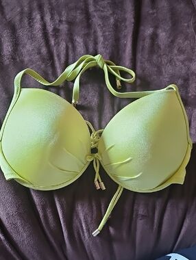 Victoria's Secret Neon Chartreuse Halter Bikini Top with Gold Accents